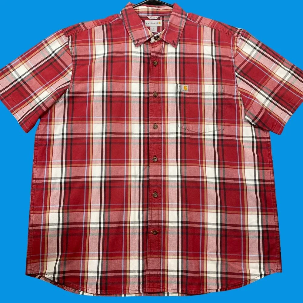 Carhartt Mens Red Plaid Relaxed Fit Short Sleeve Button-Up Shirt Size XL Cotton